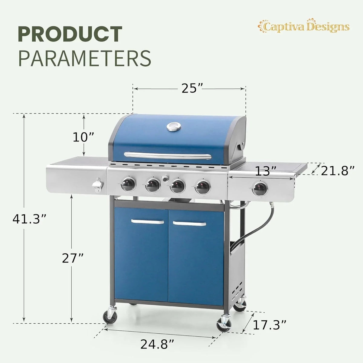 Captiva Designs 4-Burner Propane Gas Grill With Side Burner, 42,000 BTU, Silver - GR001