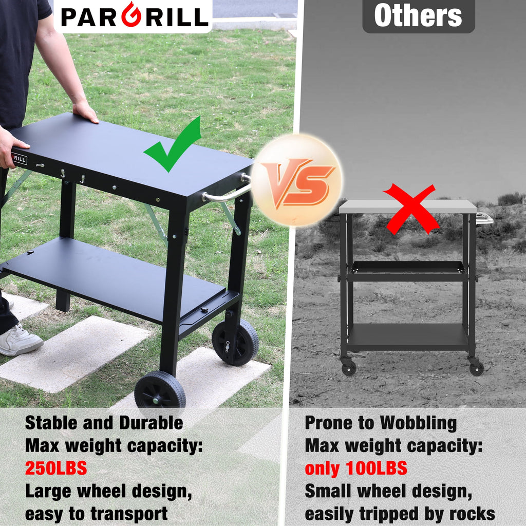PARGRILL Outdoor Folding Grill Cart with Pull-Out Side Table, Griddle Stand Fit 17 Inch or 22 Inch, Portable Stainless Steel BBQ Prep Station with