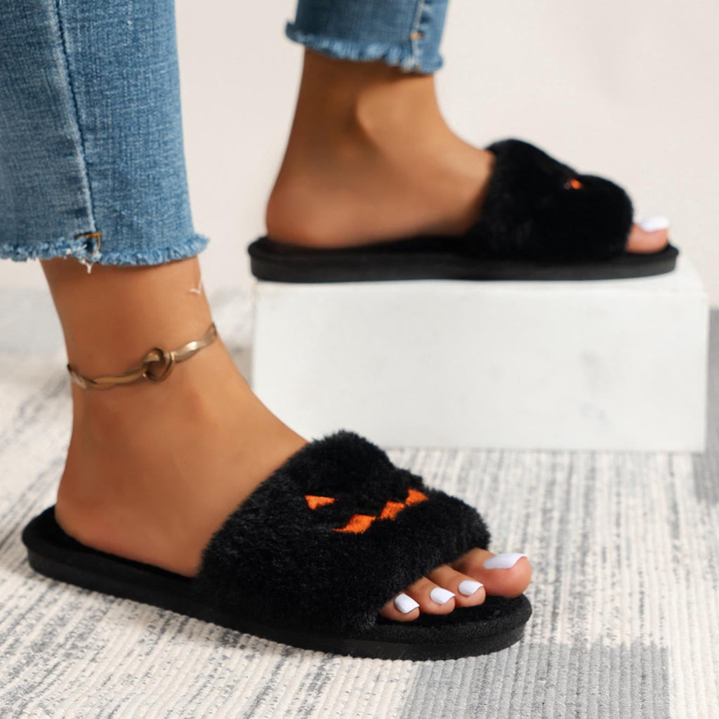 Soft Plush Cozy Open Toe Indoor Outdoor Fuzzy Slippers Women House Slippers Warm Winter Flat Shoes Winter Warm Halloween Slippers