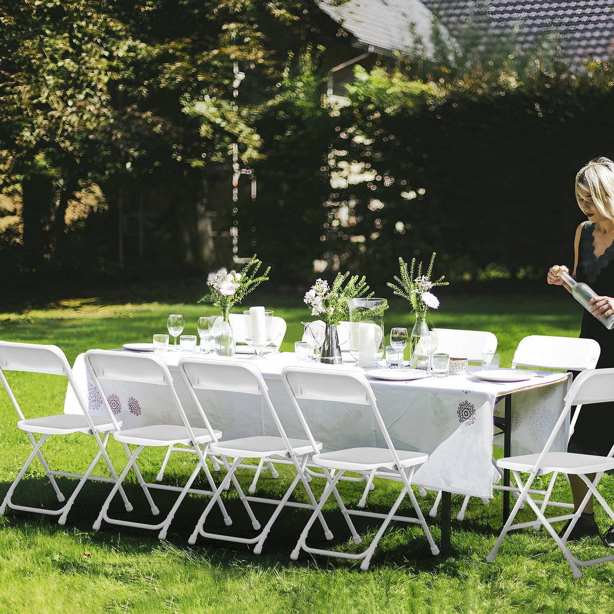 Capri White Plastic Folding Chair 10 Pack with Steel Frame, Hold up to 350 lbs, Indoor Outdoor Portable Stackable Event Chair Commercial Seat for