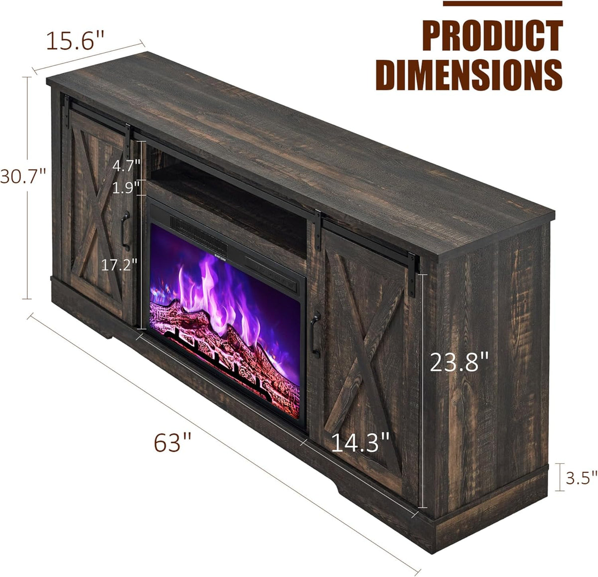 AMERLIFE Fireplace TV Stand With Sliding Barn Door, 63in Dark Rustic Oak - For TVs Up To 73in