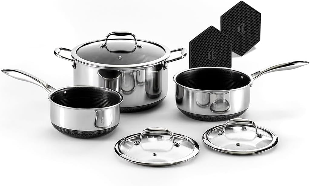 HexClad Hybrid Nonstick 6-Piece Pot Set With 2, 3, And 8-Quart Pots And 2 Silicone Trivets