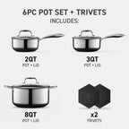 HexClad Hybrid Nonstick 6-Piece Pot Set With 2, 3, And 8-Quart Pots And 2 Silicone Trivets