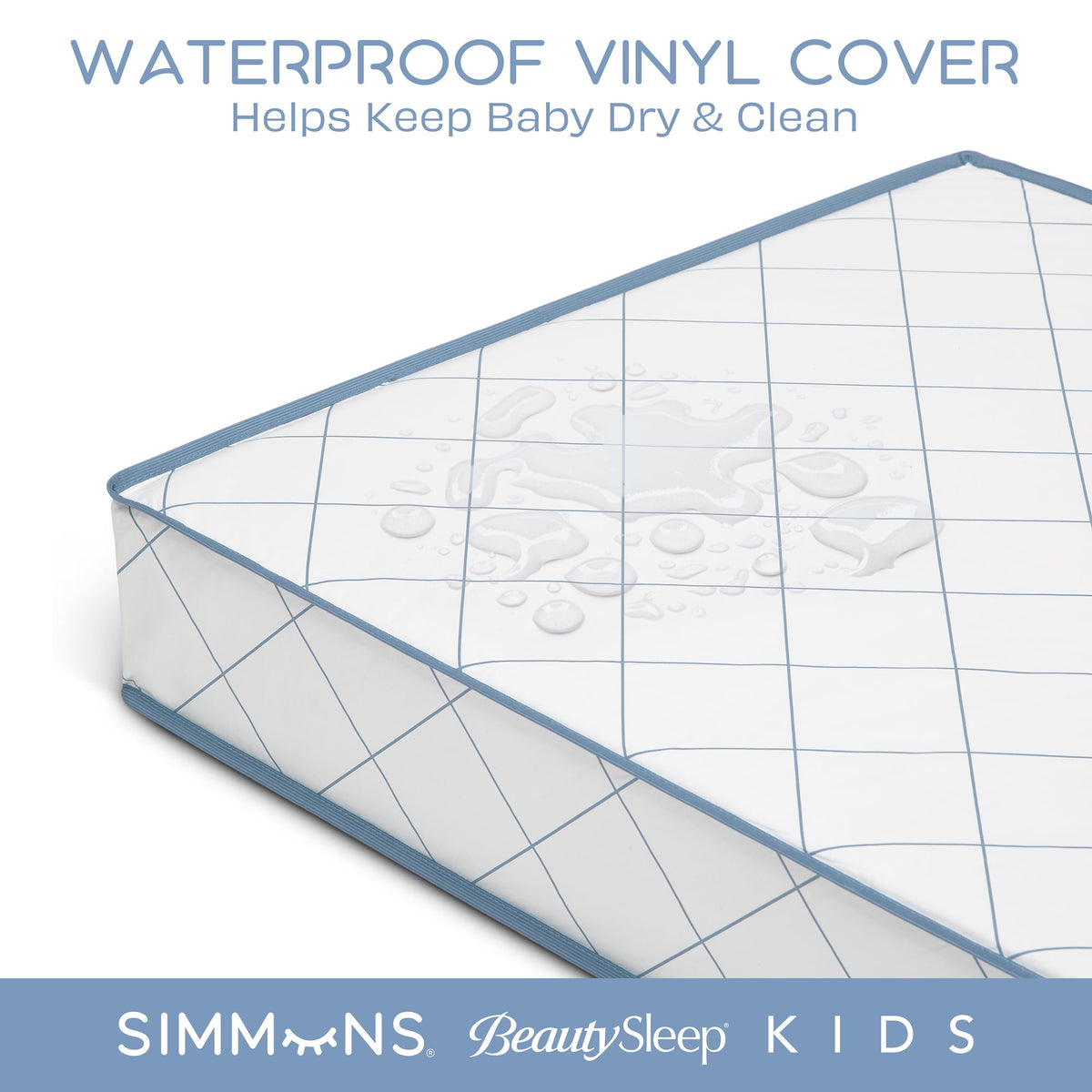 Simmons BeautySleep Kids Extra Firm Crib and Toddler Mattress, GREENGUARD Gold Certified, Sustainable Fiber Core, Waterproof, White/Blue