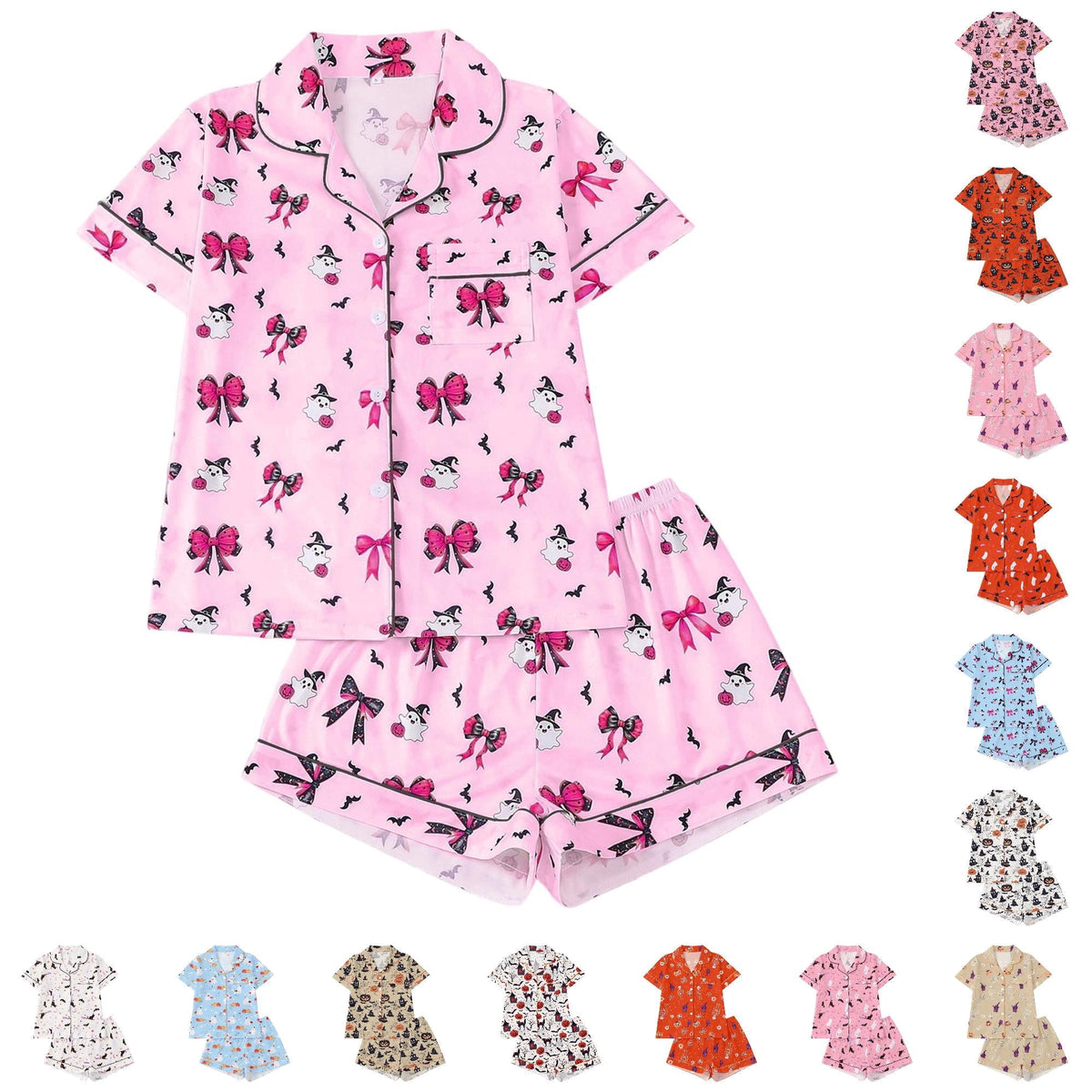 CUZIBR Girls Halloween Pajamas Sets Soft Comfortable Ghost Pumpkin Lapel Button Short Sleeve Shirt Elastic Waist Shorts 2 Pieces Sleep Loungewear Relaxed Sleepwear Outfits, Orange-C