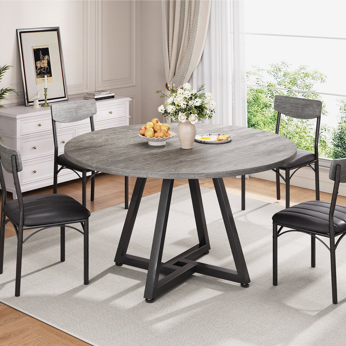 Hijob 42in Round Dining Table for 4, Kitcen Table Sturdy Wood Kitchen & Dining Room Furniture, Gray