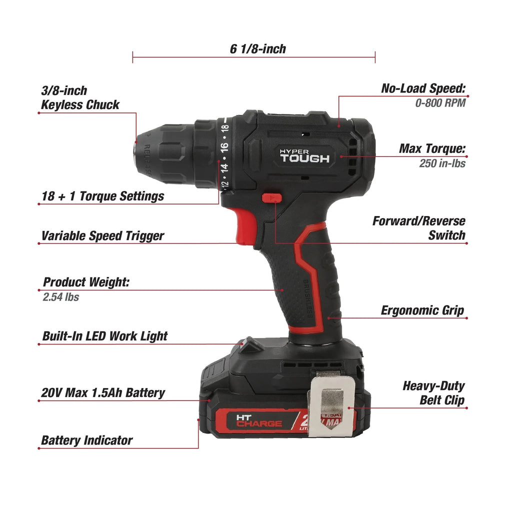 Hyper Tough 20-Volt Max Lithium-Ion 1.5Ah 70-Piece Cordless Drill Project Kit with Battery and Charger