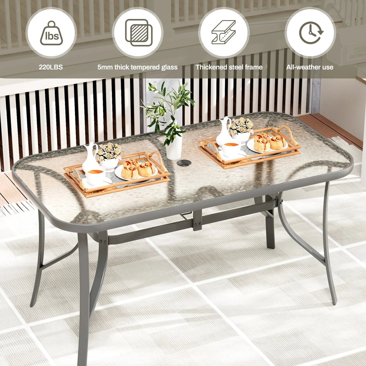 Arlopu Rectangular Patio Dining Table With 5mm Tempered Glass Top