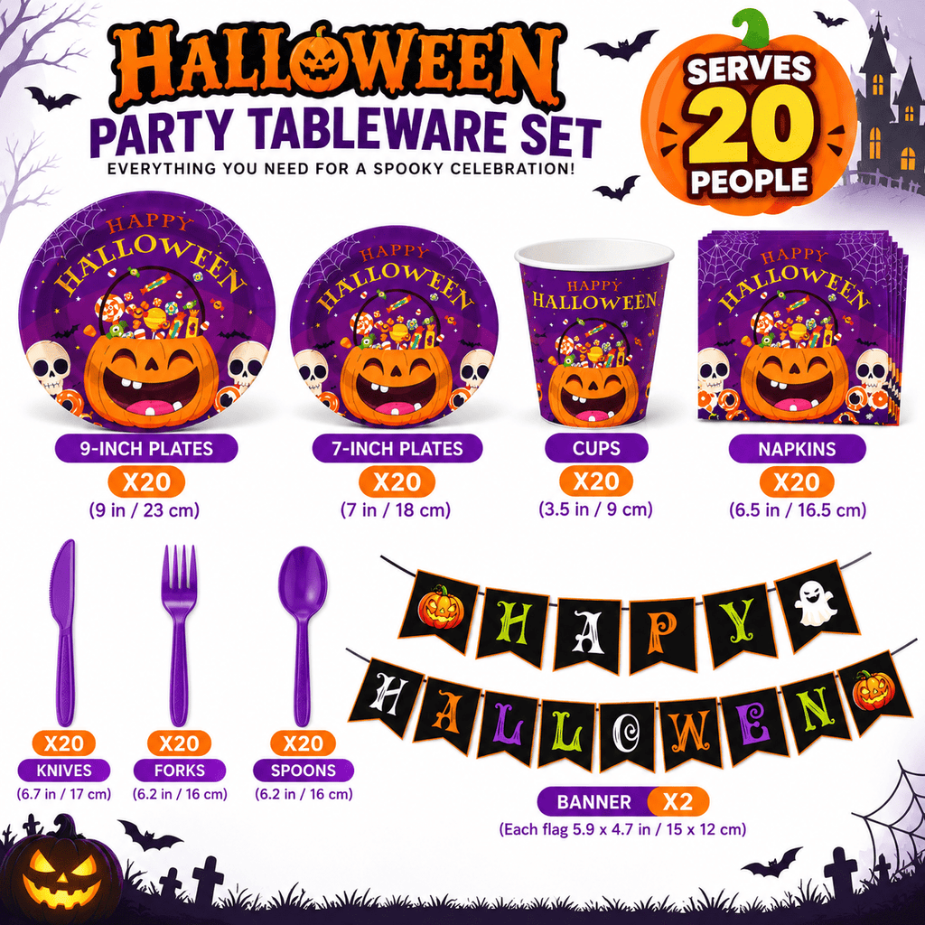 Halloween Paper Plates for Halloween Party Decoration Disposable Cups Napkins Table Cover for Halloween Banner Birthday Party Supplies Serve 20 Design 3