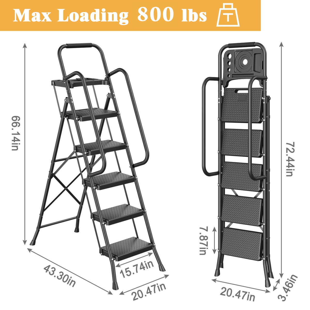 JOZ 5-Step Ladder, 800lbs Portable Folding Ladders for Home, with Handrails and Tool Tray and Anti-Slip Pedal, Black