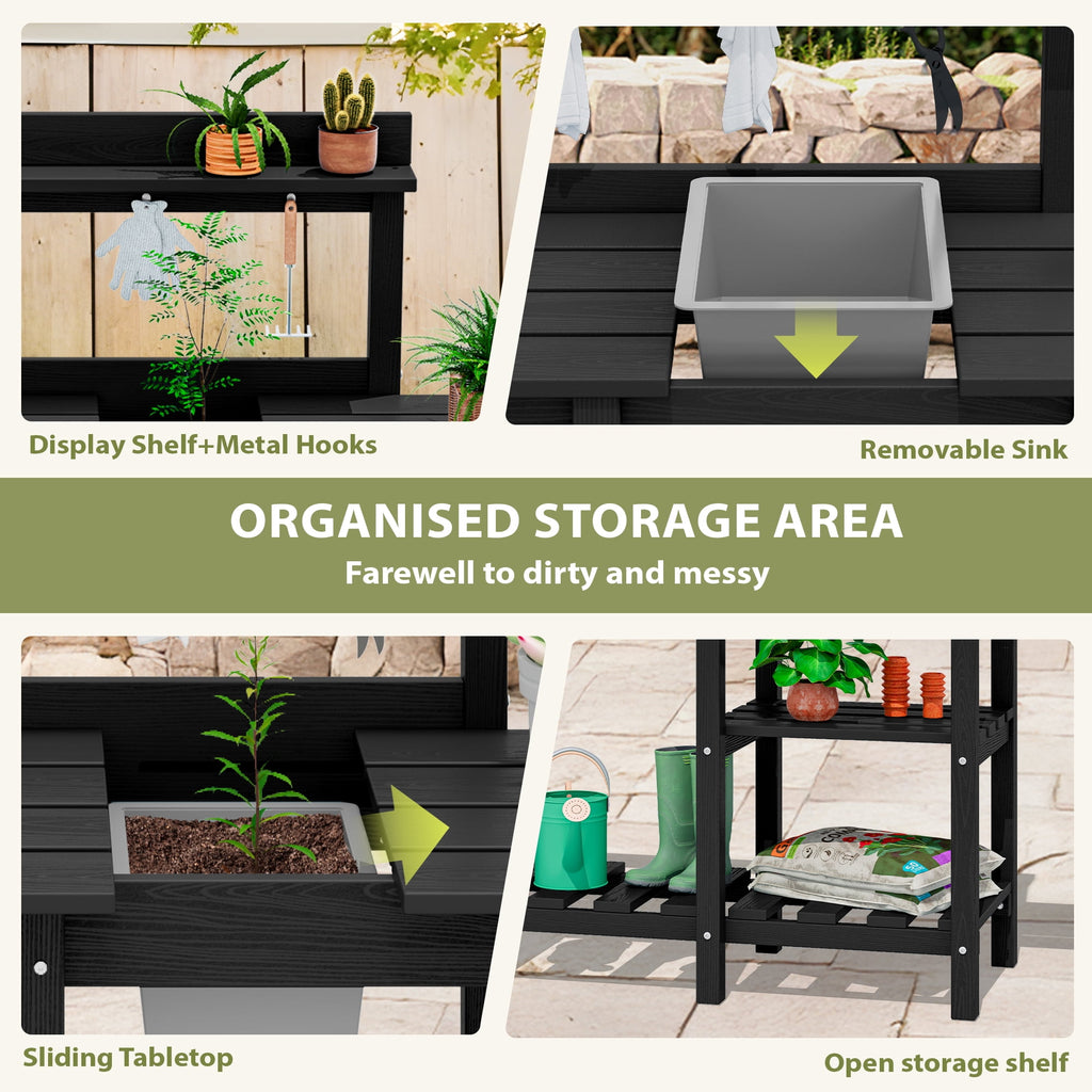 SERWALL Potting Bench Outdoor Potting Table with Sink, HDPE Material All Weather Use- Black