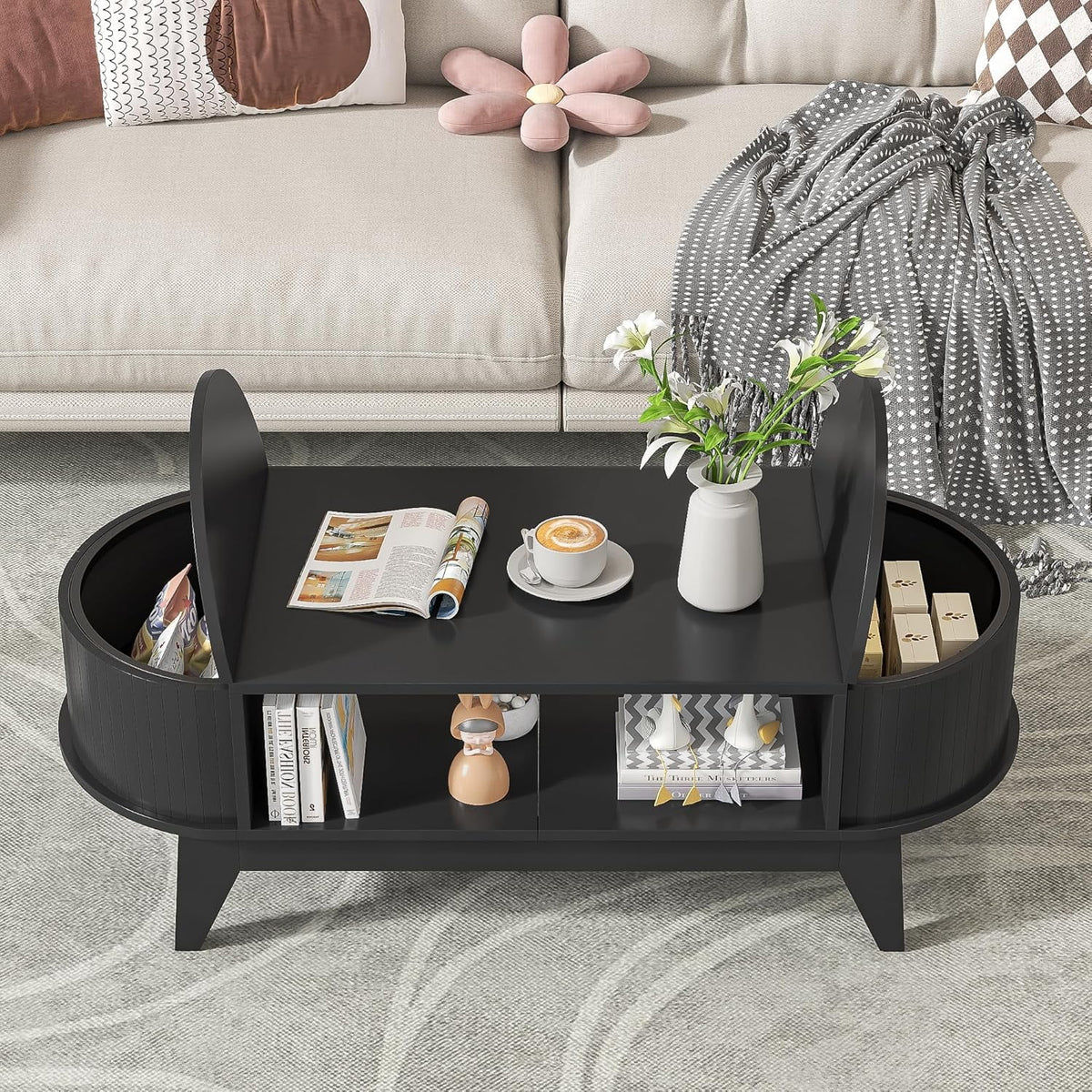 Fluted Oval Coffee Table With Storage, 46.45 x 19.68 x 15.94 in