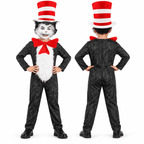 4-Piece Cat Halloween Cosplay Costume for Kids, Scary Cat Jumpsuit Set with Mask, Striped Hat & Bow Tie for Boys & Girls, Ages 11-12