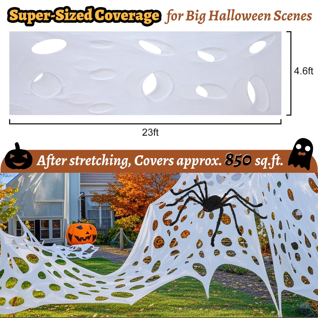 Yalumo 850 Sqft Spider Web Giant Beef Netting Halloween Decorations, 23 x 4.6Ft Pre-Cut Gauze Stretchy Spider Webs Glow Under Blacklight