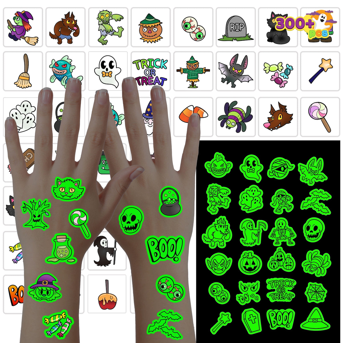 Joyfy 300+ Halloween Temporary Tattoos, Glow in The Dark Tattoos for Kids, Halloween Toys Bulk, Halloween Trick or Treat Toys, Halloween Party Favor