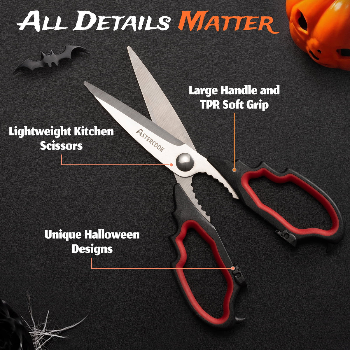 Astercook Halloween Kitchen Scissors, Gothic Skull Heavy Duty Shears for Cooking, Poultry, Herbs – Spooky Pumpkin Design, Dishwasher Safe