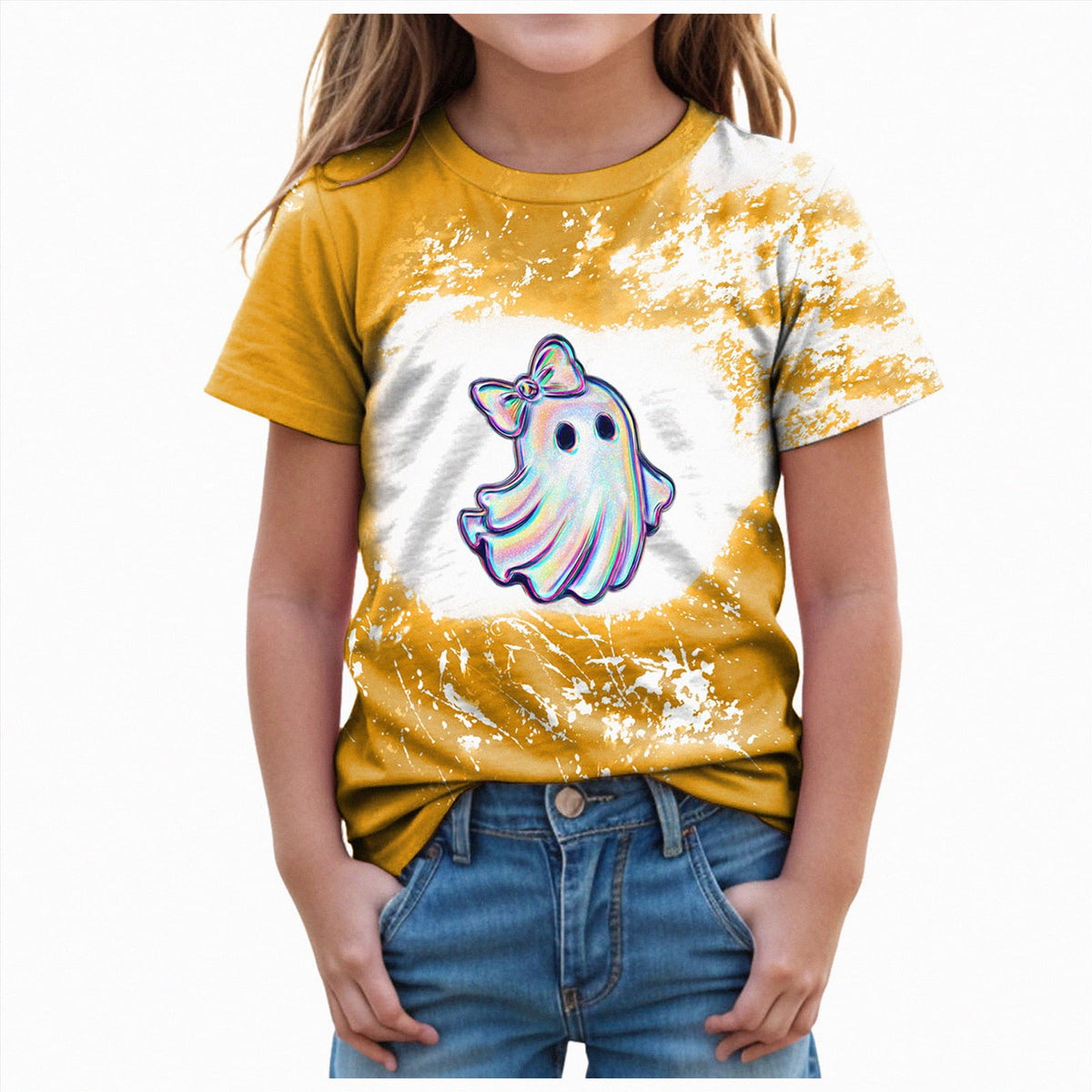 CAUYDY Halloween Ghouls Ghost Retro Girl Kids T-Shirt Graphic Tshirt Little Kids Fall Short Sleeve Tee Tops(Orange, 8-9 Y)
