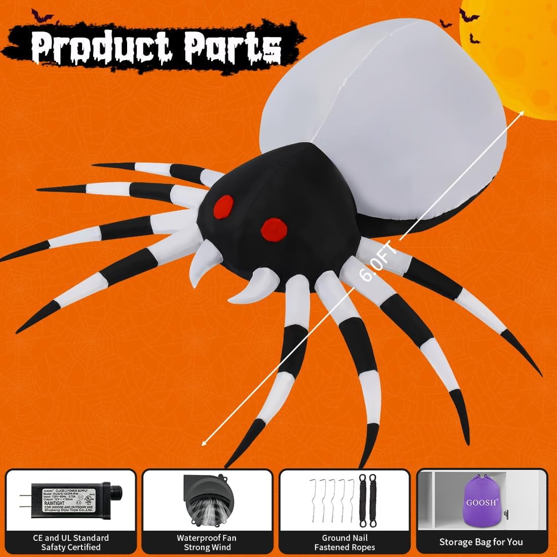 GOOSH Halloween Inflatable 6 FT Spider Inflatables Outdoor Decorations with Magic Light, Scary Inflatable Halloween Spider Blow Up Spider, Halloween Blow Up Decorations Outside for Holiday