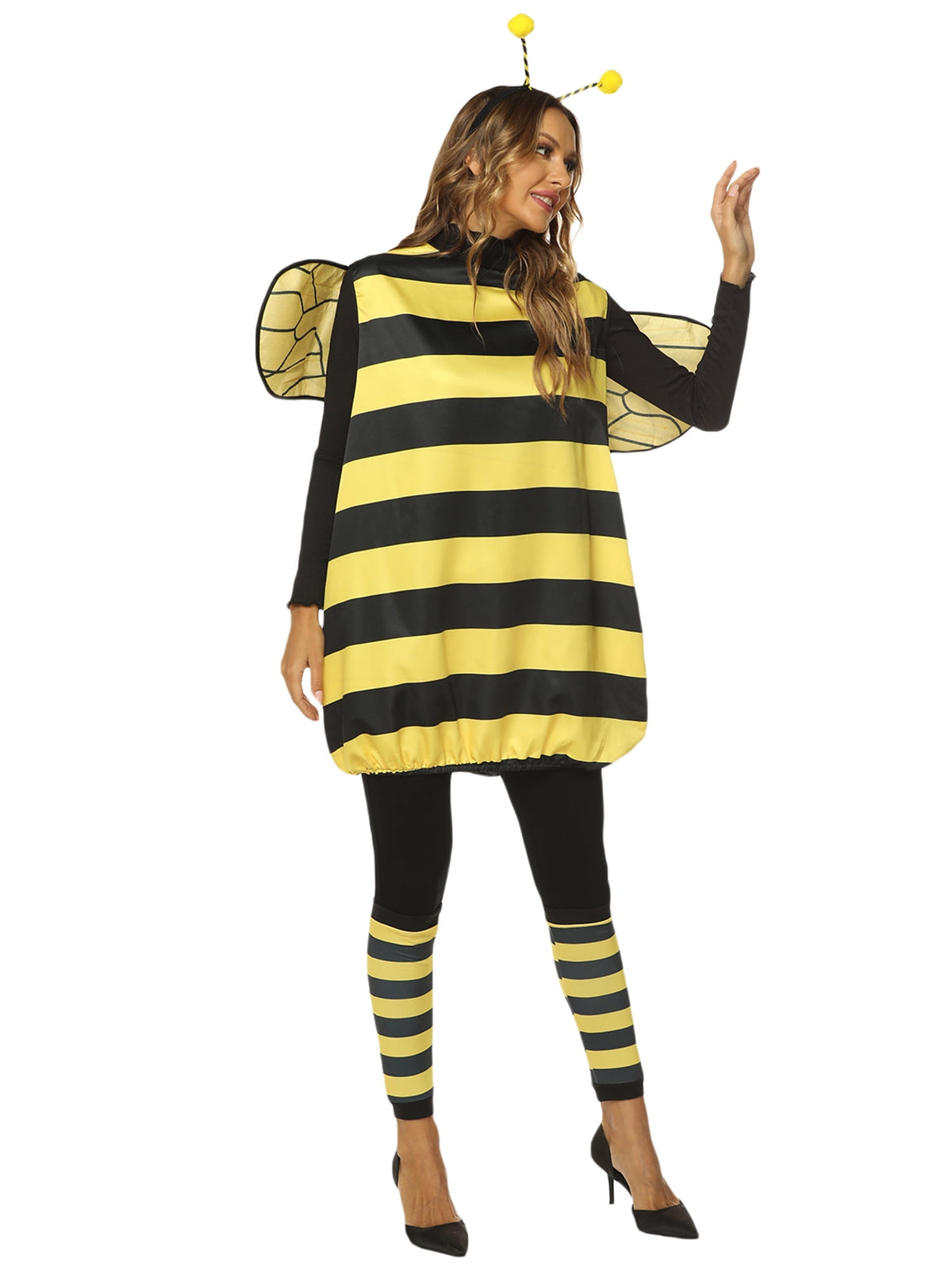 Bee Costume for Women Halloween Costume Bee Dress with Wings Headband Leg Sleeves Funny Costume