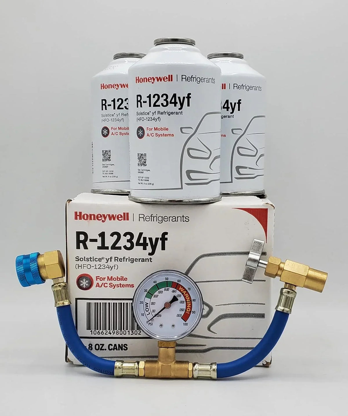 Honeywell R1234YF Refrigerant Freon Cans, 3 Cans, With HD Brass Can Tap And Gauge