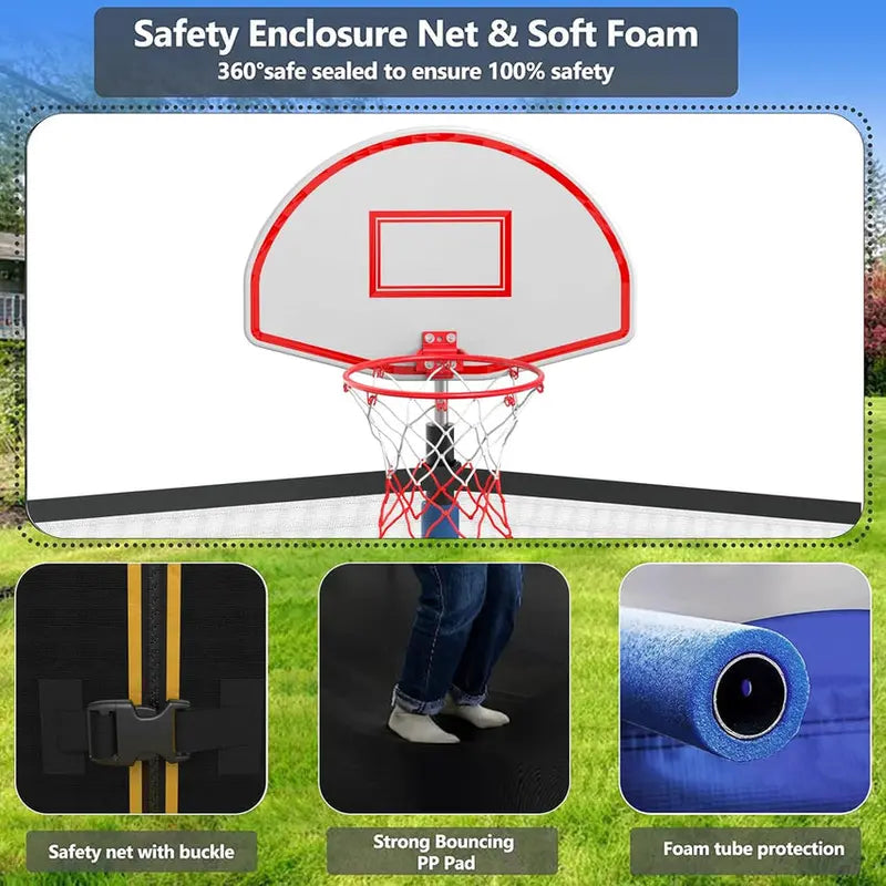 Trampoline With Enclosure Net And Adjustable Basketball Hoop - 8ft, 10ft, 12ft, 14ft, 15ft, 16ft