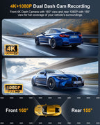 Odrey Car Dash Cam Front and Rear, Dashcam 4K Front and 1080P Rear Camera with 5G WiFi 64GB Card, Dash Camera for Cars with G-Sensor 24H Parking mode
