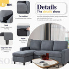 Walsunny Convertible L-Shaped Linen Sectional Sofa With Reversible Ottoman - 78.7in x 51in x 33in